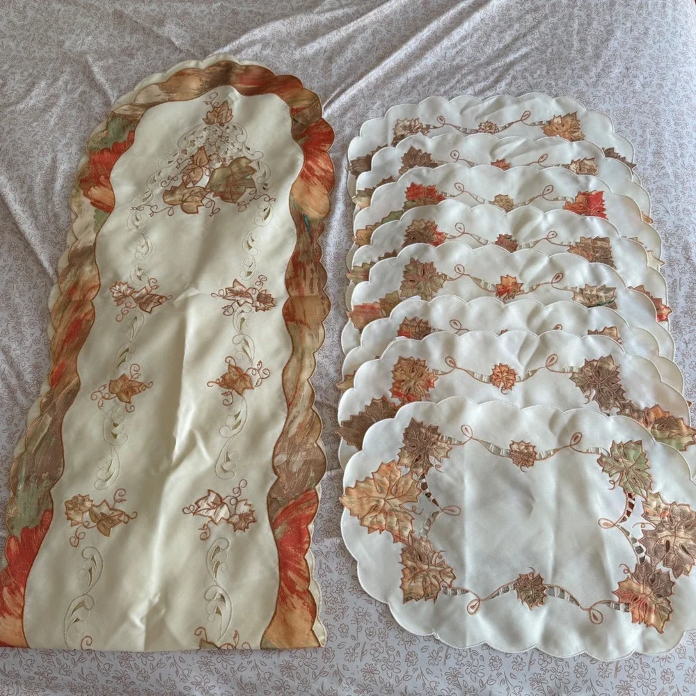 Fall Autumn Maple Leaf Table Runner and 8 Placemats Set Embroidered Cutout Cream
